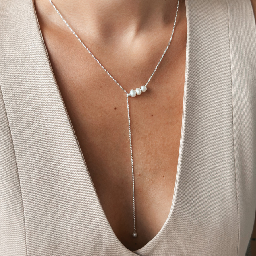 Collier en argent lariat ajustable - Perles de culture - Indira