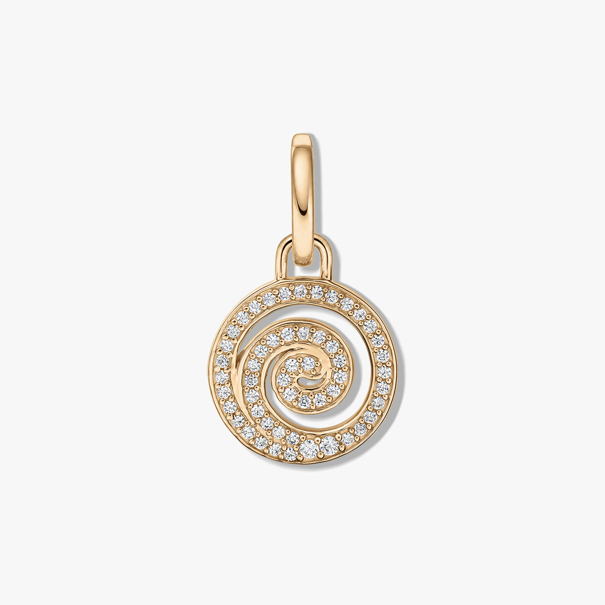 Pendentif en argent spirale dorée avec pavé de zircones, photographié centré sur un fond blanc.