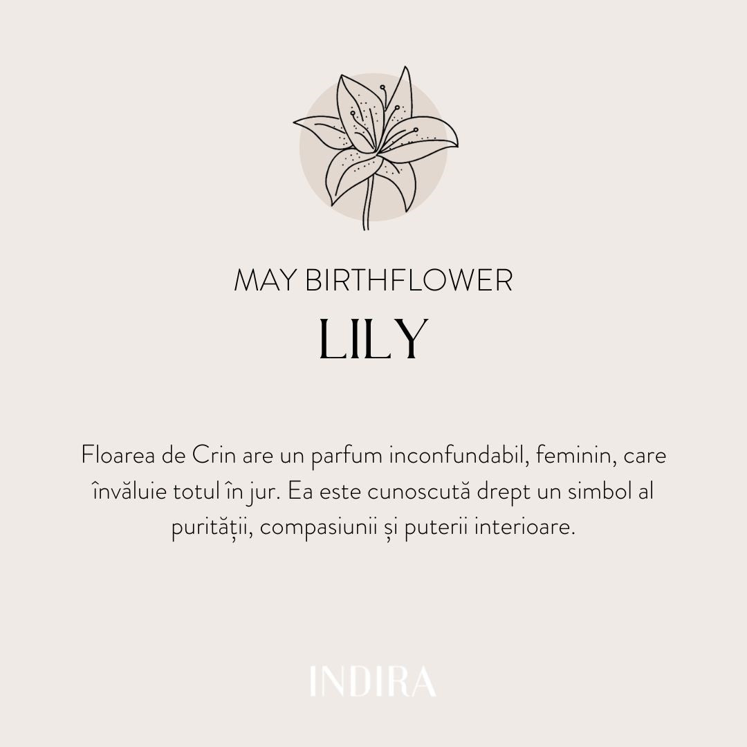 Visuel carré beige avec un lys dessiné au trait au-dessus du titre « Fleur de naissance de mai — Lys », suivi d’un texte en roumain sur le symbolisme de la fleur ; logo Indira en bas.