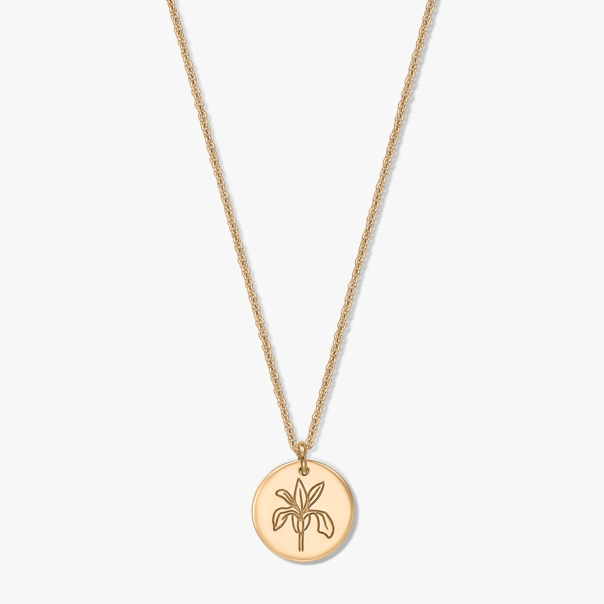 Collier fleur de naissance ton doré avec pendentif rond gravé d’un iris, sur une chaîne délicate, isolé sur fond blanc.