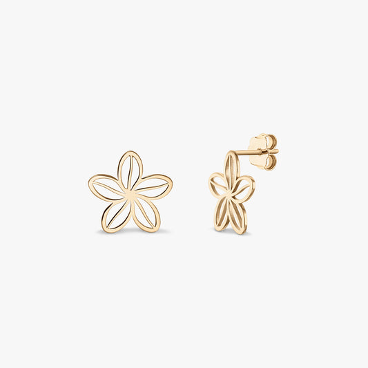 Paire de boucles d’oreilles Wildflower en or jaune 14K — puces d’oreilles en forme de fleur ajourée à cinq pétales, présentées de face et de profil sur fond blanc.