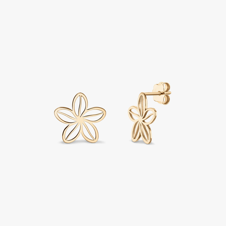 Paire de boucles d’oreilles Wildflower en or jaune 14K — puces d’oreilles en forme de fleur ajourée à cinq pétales, présentées de face et de profil sur fond blanc.