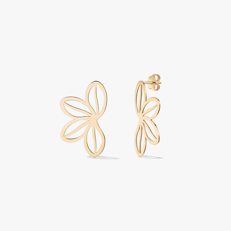 Paire de puces d’oreilles ajourées en or jaune 14K, motif fleur sauvage, sur fond blanc, vues de face et de profil pour mettre en évidence les fermoirs poussette.