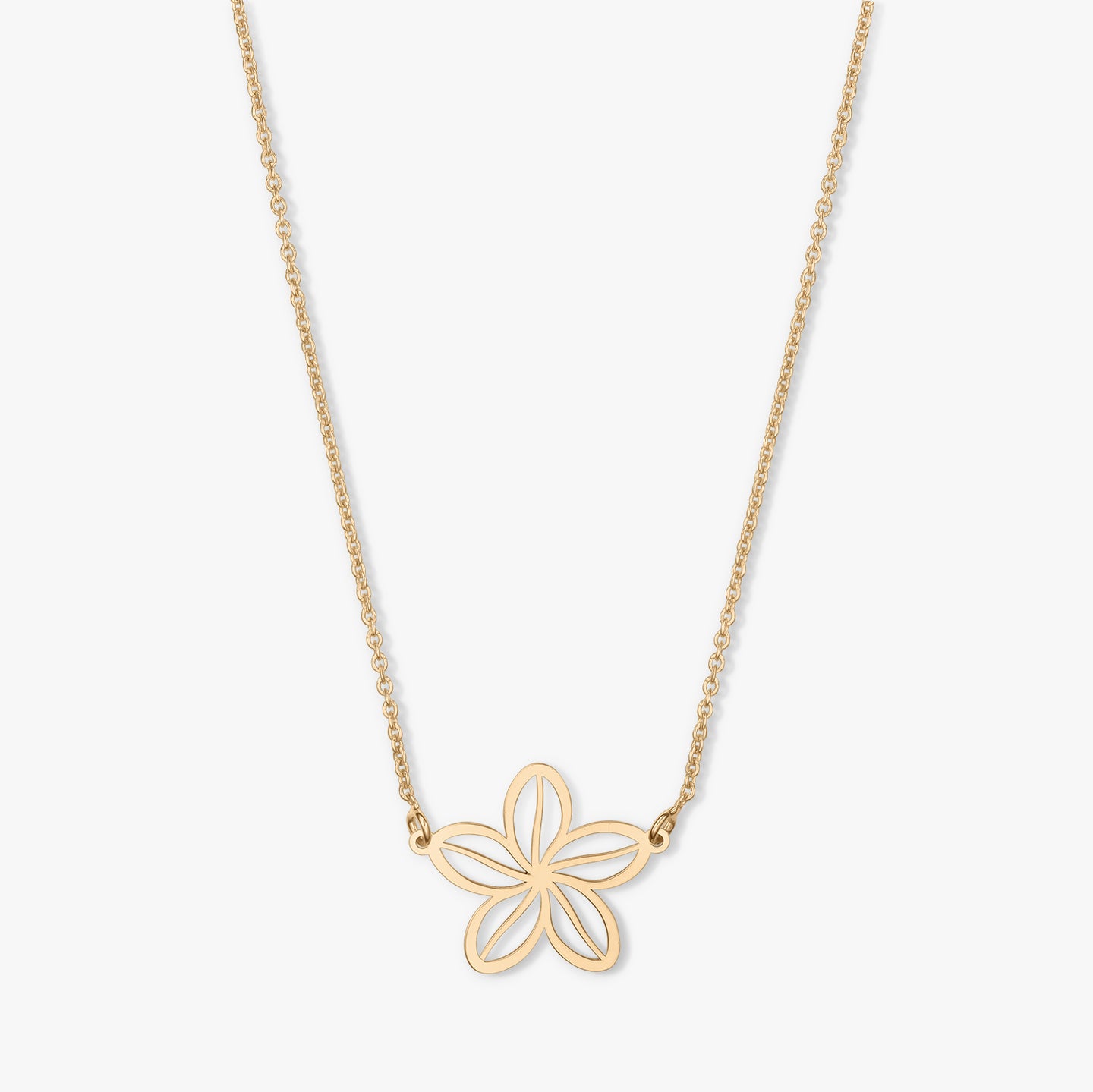 Collier en or avec un pendentif en forme de fleur sur fond blanc.