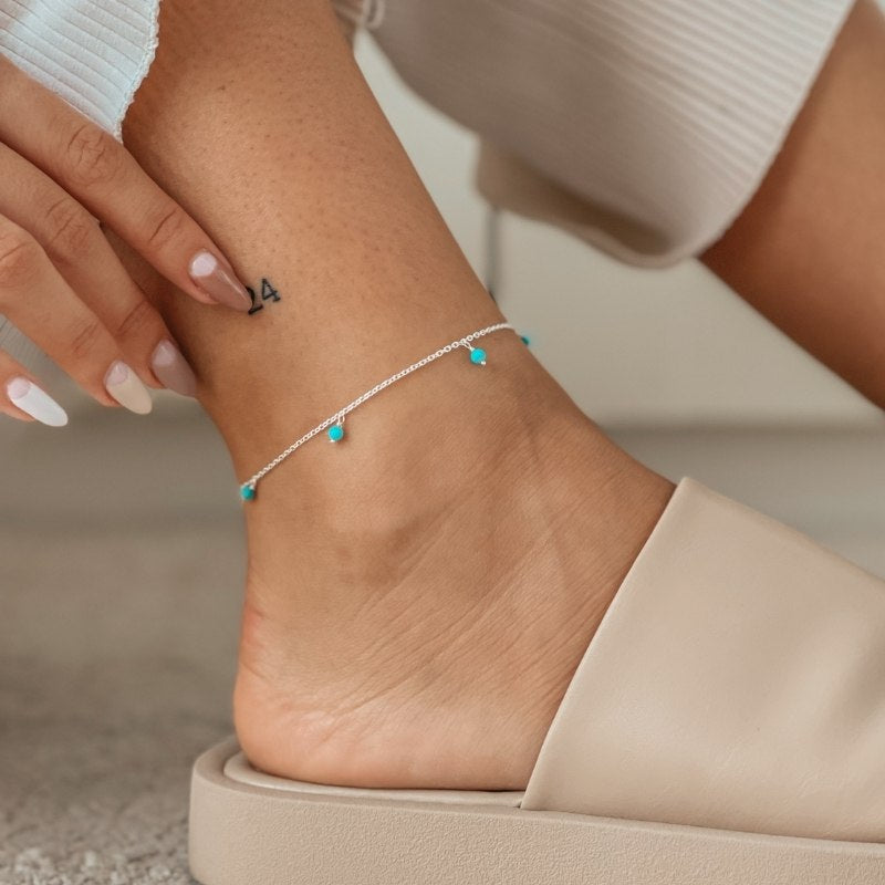 Bracelet de pied en argent avec gouttelettes de pierres précieuses - Turquoise