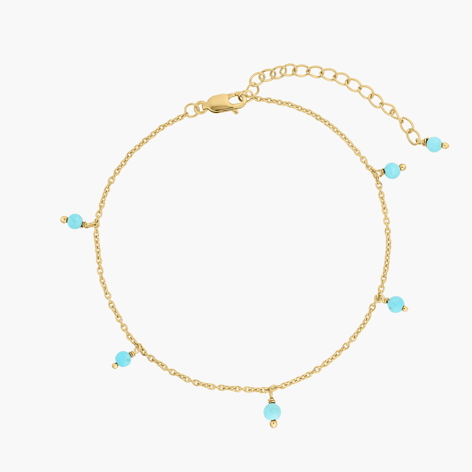 Bracelet de cheville en argent avec gouttelettes de pierres précieuses dorées - Turquoise