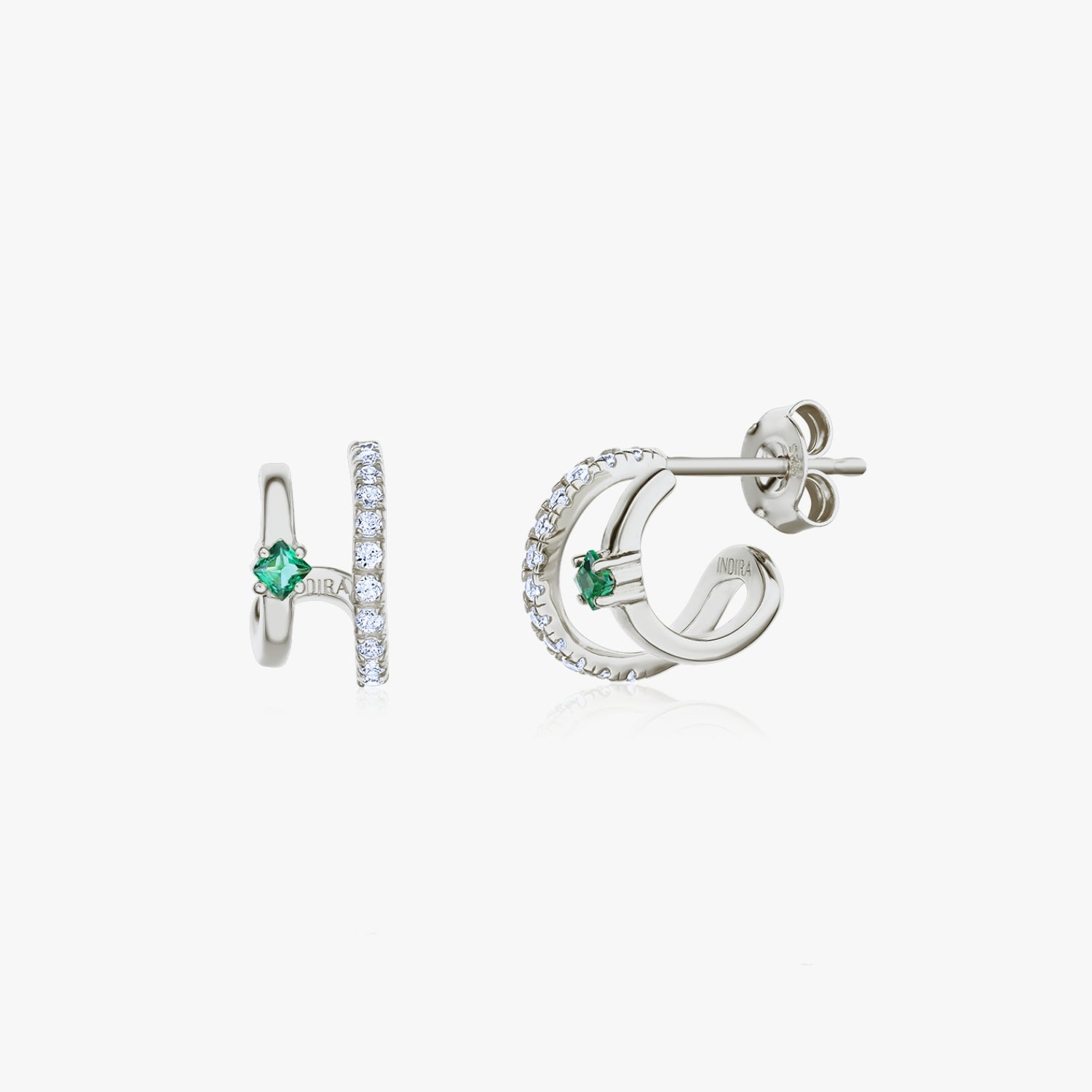 Boucles d'Oreilles Doubles en Argent - Zirconium & Alpanite Vert