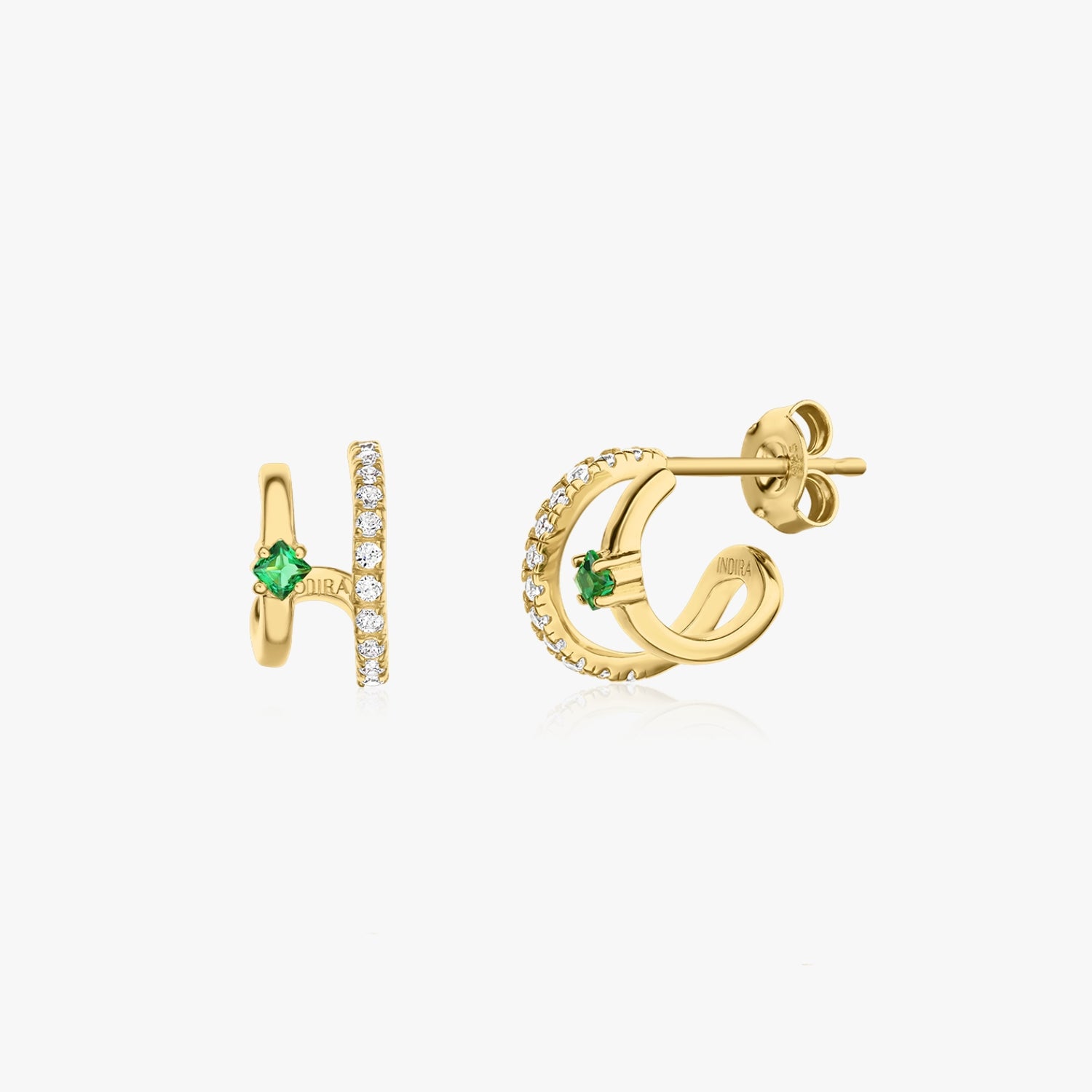 Boucles d'Oreilles Doubles en Argent Doré - Zirconium & Alpanite Verte