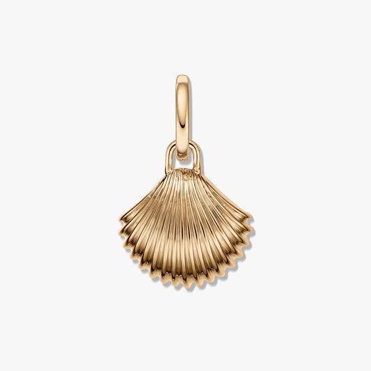 Pendentif doré en forme de coquillage avec texture cannelée et finition polie ton or sur fond blanc.