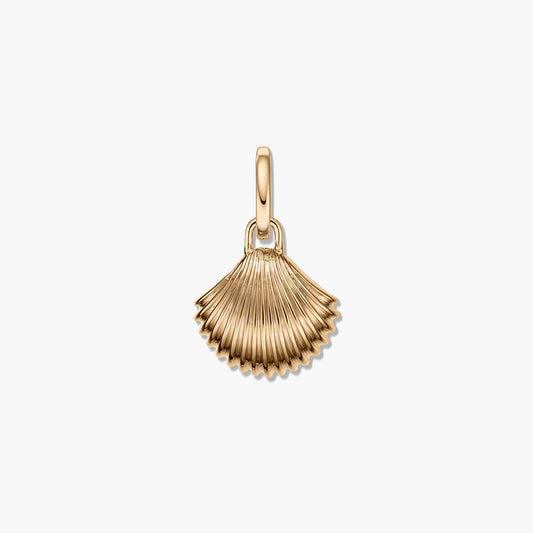 Pendentif coquillage doré en argent avec forme de éventail strié et finition polie sur fond blanc.