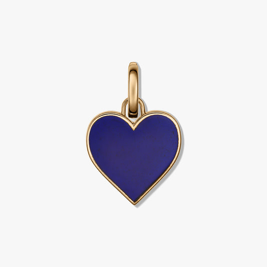 Pendentif en forme de cœur bleu avec bordure et bélière dorées sur fond blanc.