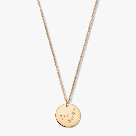 Collier pendentif rond Capricorne couleur or avec petits accents de saphir blanc sur une chaîne délicate, isolé sur fond blanc.