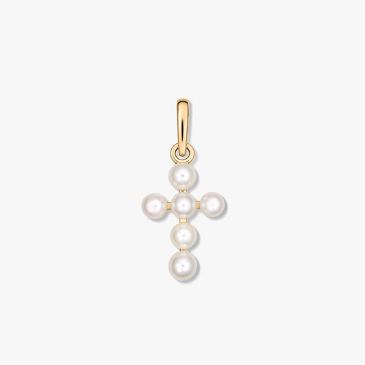 Pendentif en or orné d’une croix composée de petites perles naturelles blanches et rondes, monté avec une bélière en or jaune sur fond blanc épuré.