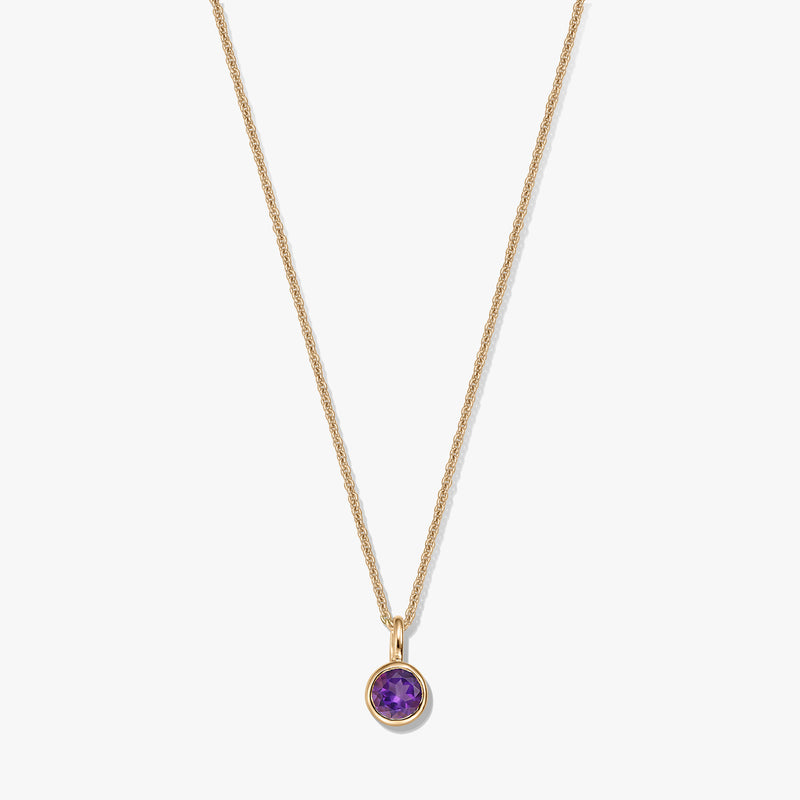 Collier en argent sterling plaqué or avec un petit pendentif rond en améthyste (pierre de naissance) sur fond blanc.