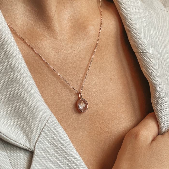 Collier Argent Champagne - Quartz Rose